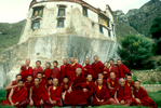 The Abbott poses for a photograph with a group of monks who have just completed a year's retreat at this beautiful monastery in a high valley near Lhasa.Nikon F5, 17mm, Fuji Velvia
