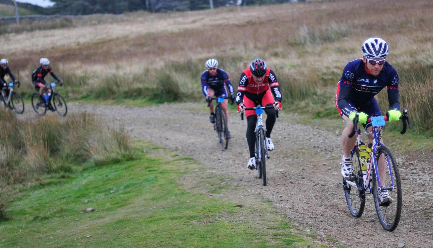 The Monster Miles is a 62 mile (55% off road) Cyclo-Cross Sportive in Cumbria organised by Cycling Weekly and run by Rather Be CyclingHere the leading riders are setting off over Caldbeck Commons from Calebreck on the Fellside Sector.