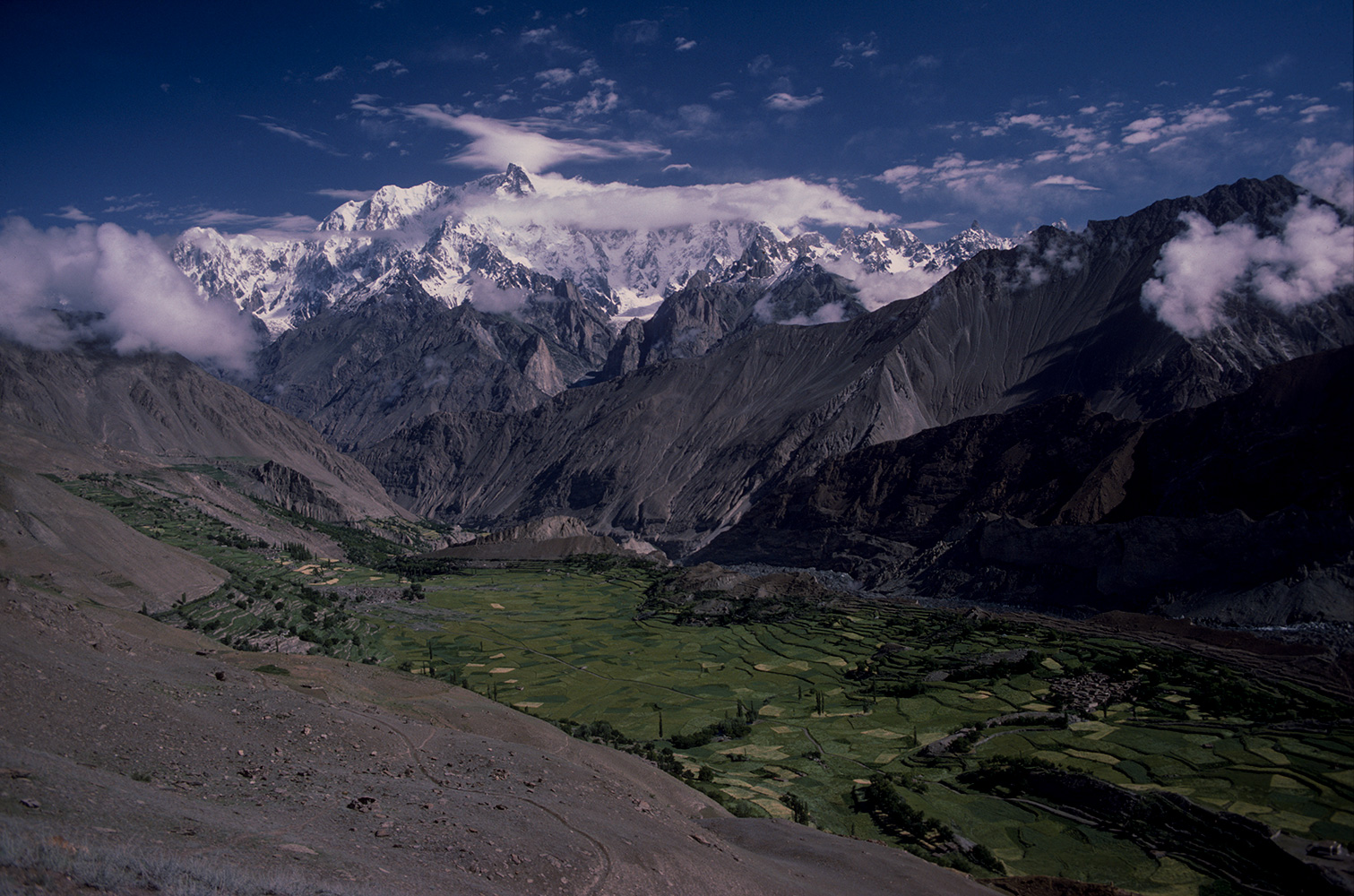 These are the southernmost peaks of the Batura Muztagh, towering over Karimabad in Hunza. 