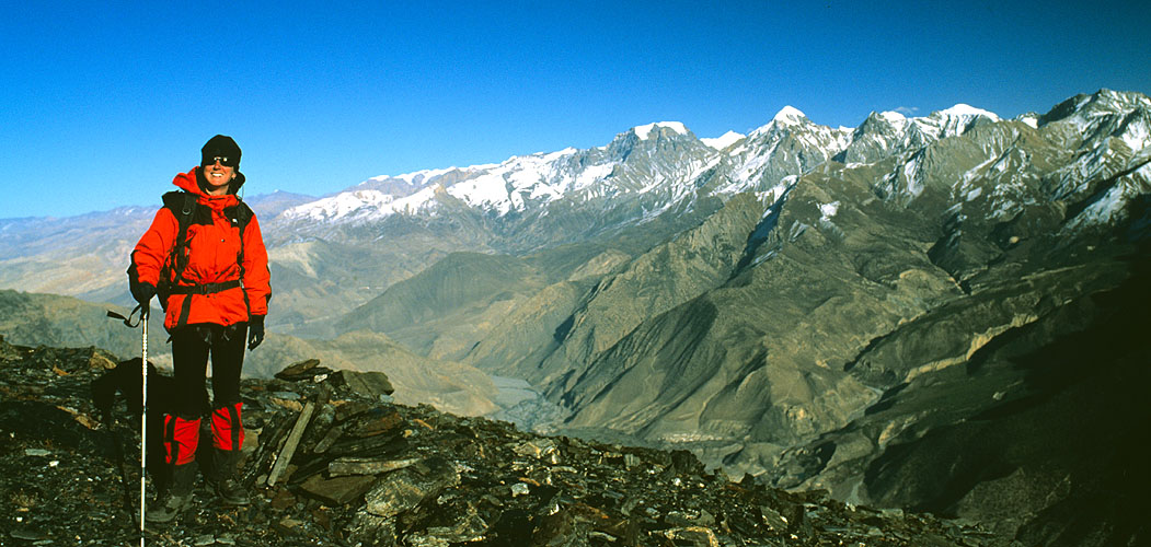 Nats Hawkrigg and a panoramic view of the Kali Gandakhi valley. The Thorung La crossed the range beyond.Bronica ETRSi, 50mm, Fuji Velvia