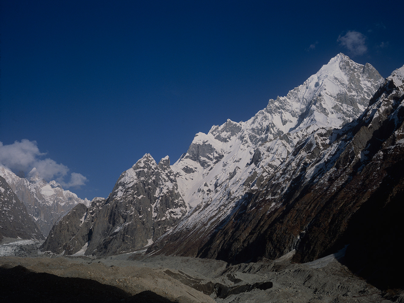Seen from Saitcho, towering above the lower reaches of the Charaksa or Charakusa glacier above Hushe.