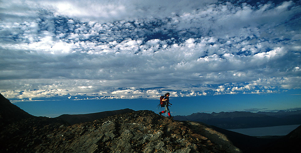 Descending a ridge on the northern flanks of the range, with the Beagle Channel and Isla Grande beyond.Nikon FM2, 24mm, Fuji Velvia