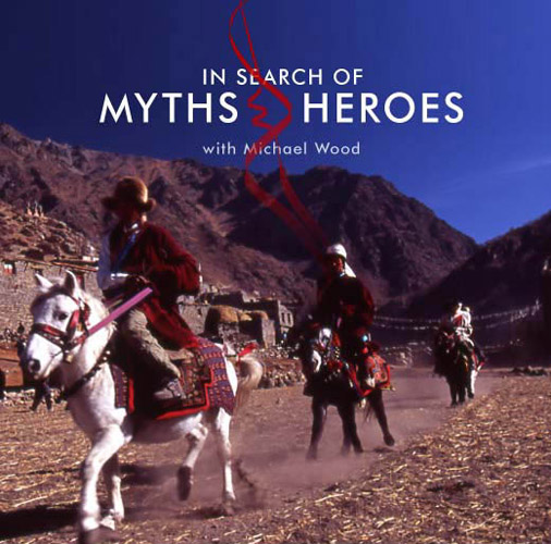 Horsemen riding through the village of Jhang in Limi, north-western NepalA BBC promotional flyer for the {quote}Shangri La{quote} film in the {quote}In Search of Myths and Heroes{quote} series shown on BBC2Nikon F5, 17-35mm, Fuji Velvia 100