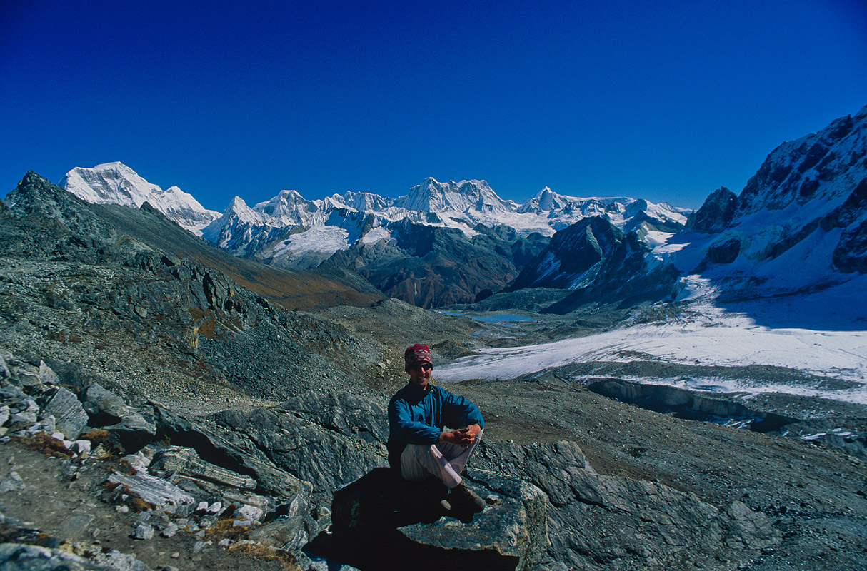 Yours truly on the crest of the pass with a view into Lunana beyondNikon FM2, 28mm, Fuji Velvia