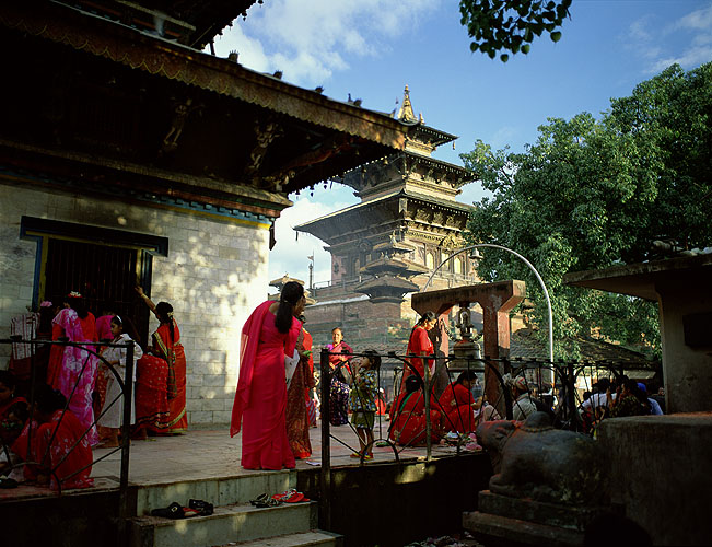 Women making their puja (prayers) during the Hindu festival of TeejNikon FM2, 24mm, Fuji Velvia