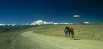 Heading south across the Tang La towards Nepal, Ken and Cindy Dowling ride their tandem beneath the snow-plasterd bulk of Shishapangma (8046m), the only one of the world's 14 8000m peaks that lies wholly within Tibet.Nikon FM2, 24mm, Fuji Velvia
