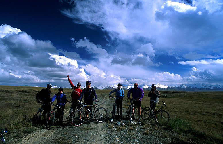 Heli-biking group about to set off on the 48km ride back to Karkara Mountain Base, having been dropped at this pectacular location by helicopter.Nikon FM2, 24mm, Fuji Velvia