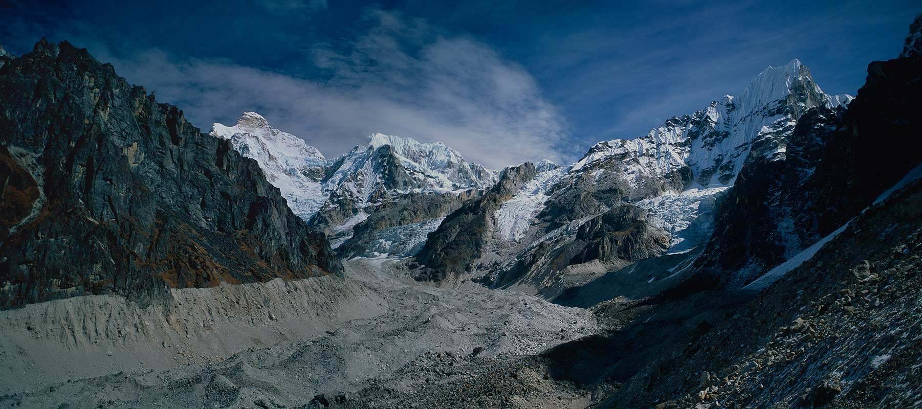 Seen looking up the Yamatari glacier after a crossing of the Lapsang La. This is a stitched panorama of two medium format transparencies.Bronica ETRSi, 50mm, Fuji Velvia