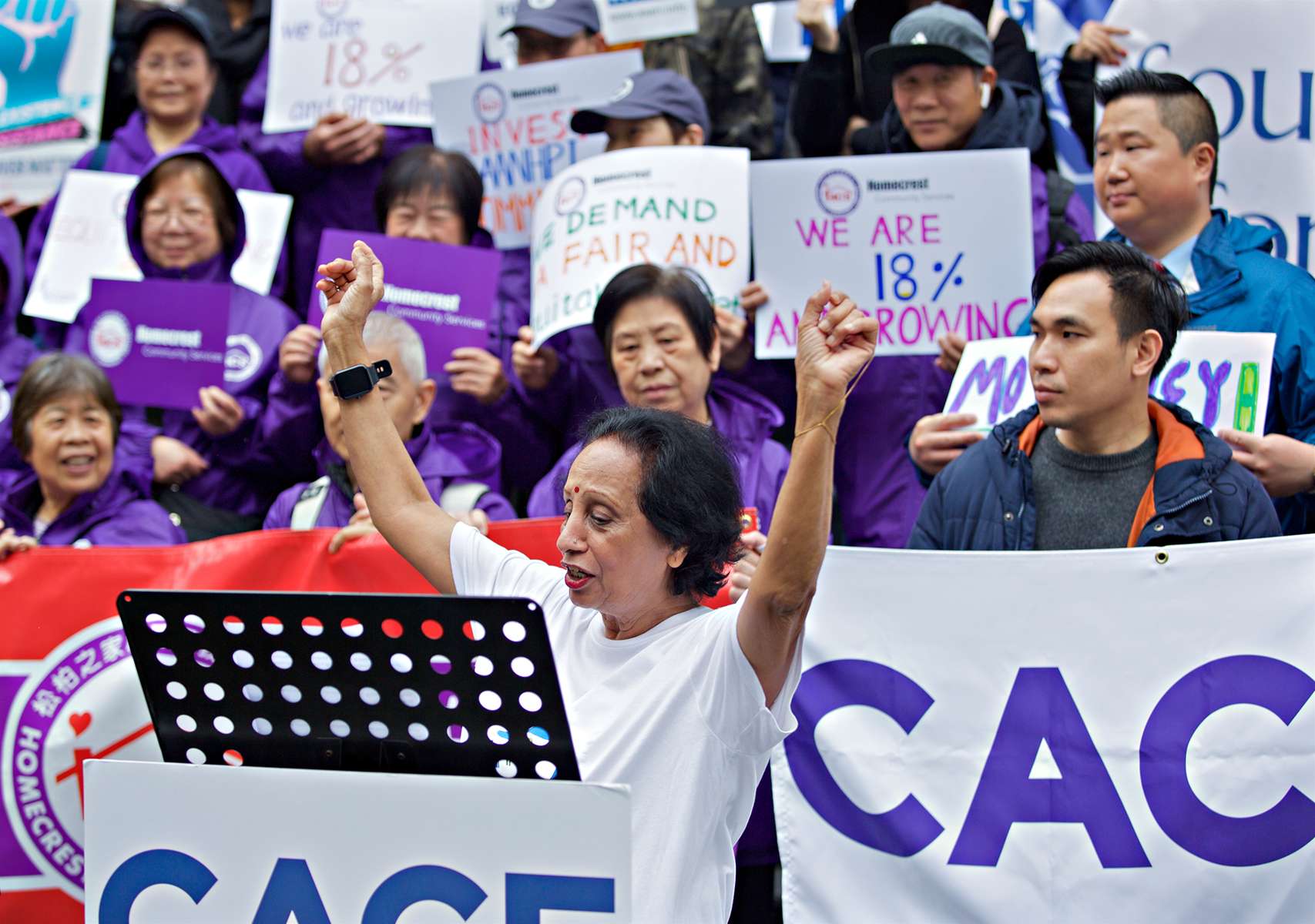 NEWYORK-MAY16: Usha Mehta, India Home, speaks at a rally for NYC budget advocacy led by the Coalition for Asian American Children+Families (CACF) at New York City Hall, May 15, 2024. 