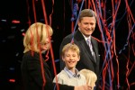 Streamers fall from above as Stephen Harper celebrates with his family after winning a minority conservative government  on election night  in Calgary Alberta. 
