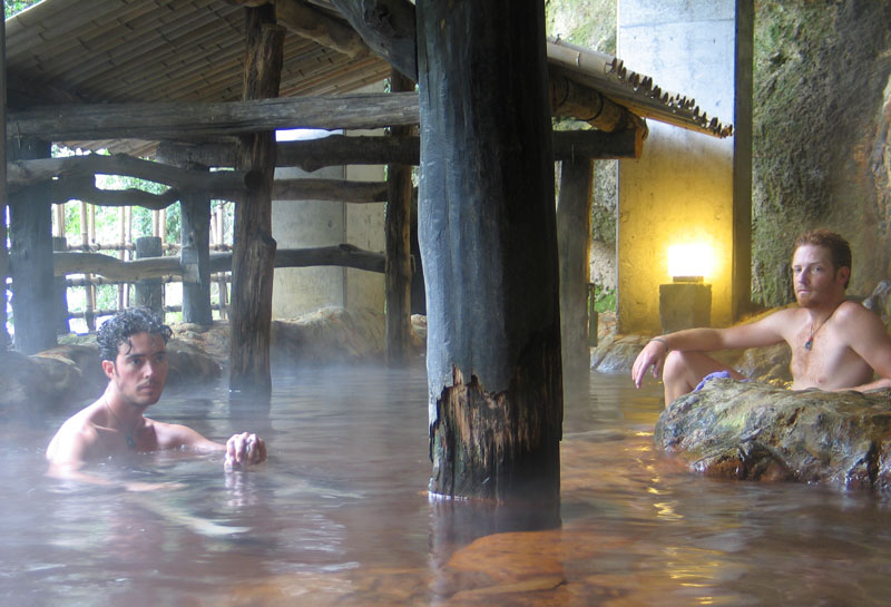 Aaron Whitfield and Reid McCord relax in the natural hot springs (onsen) in Kurokawa, Kyushu.