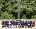 Japanese school girls visit the hypocentre marking ground zero where the atomic bomb hit Nagasaki on August 9, 1945. Nagasaki, Kyushu.