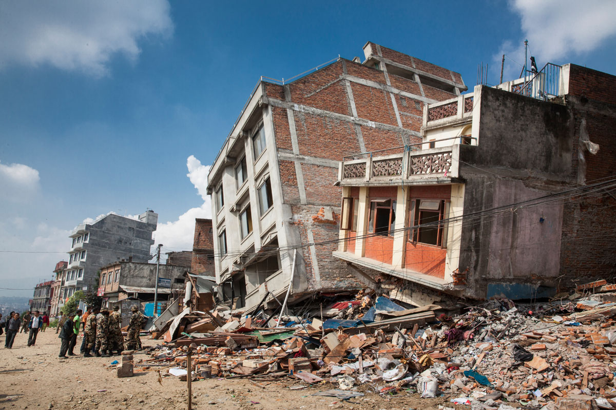 KATHMANDU, NEPAL (4/27/15)-Collapsed buildings line the streets of Kathmandu, two days after a massive 7.8-magnitude earthquake struck Nepal.© Habitat for Humanity International/Ezra Millstein