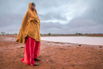 Kaltuma Sheikh Abdullahi, 30, stares out at a reclaimed reservoir in Anole, a small village about 85 km northeast of Wajir. Mercy Corps helped expand the reservoir so the community could get through the drought that has been punishing the region. Mercy Corps also helped to set up an system to control animal access to the water so to avoid disease and fouling of the water. With a pastoral economy based on herding livestock, Kaltuma and her neighbors feel every twitch of the climate, and lately, the rains have been all wrong. Previously the rains used to come twice a year: once at the beginning of the year and once at the end. Now the rains are less frequent and lighter. Sometimes it will be two years between rains, and although it had rained the night before Mercy Corps visited the village, turning the packed dirt roads to muddy rivers (the first rain since the end of November), it was only one day, and it’s not enough to do much against a four-year drought. To help communities like Kaltuma's 30 adapt to climate change, Mercy Corps has conducted awareness campaigns on how to protect natural resources.
