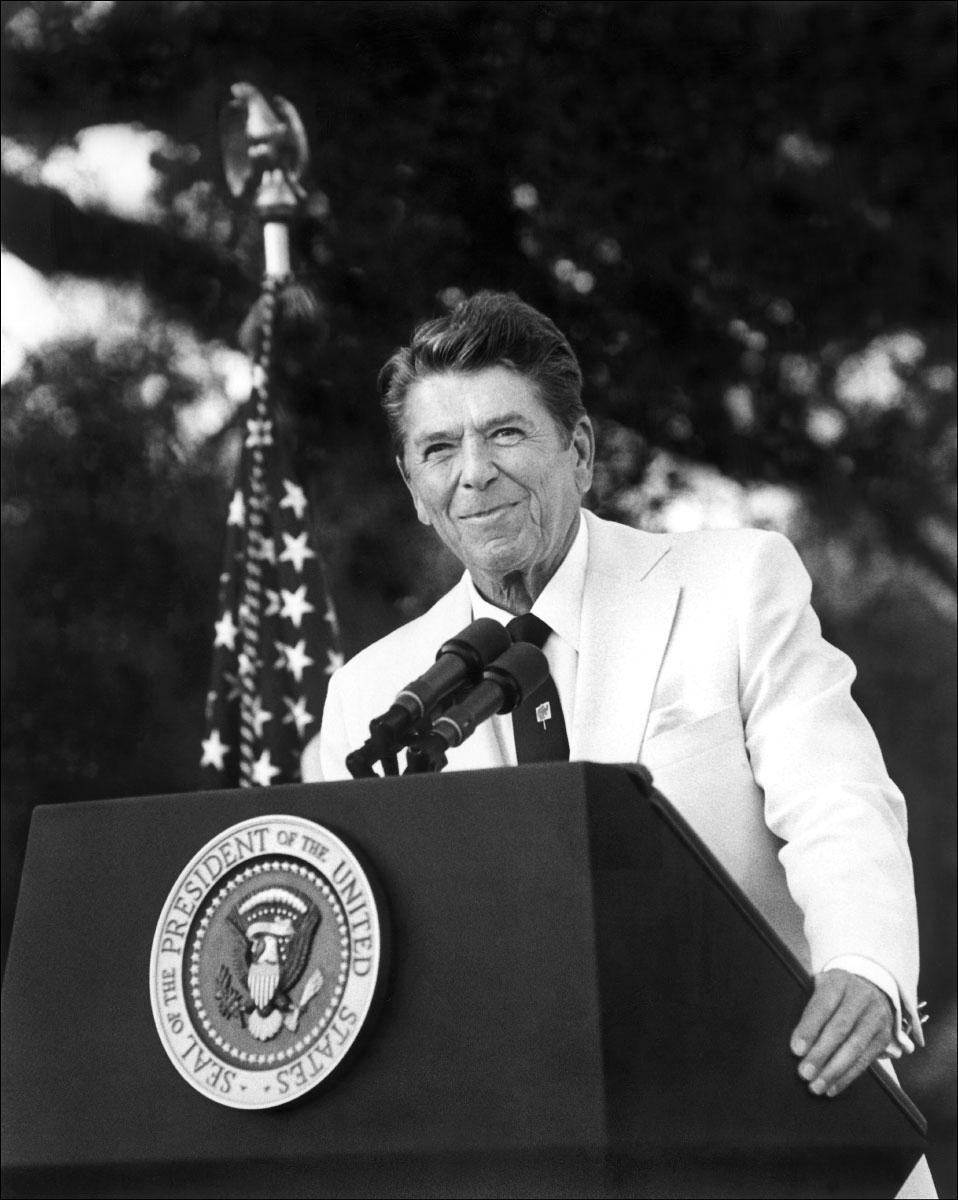 Photo of President Ronald Reagan as he spoke at a private gathering in Hope Ranch, an exclusive enclave in Santa Barbara, California.