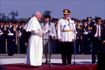 Photo of Pope John Paul II on a papal visit to Chile, here making a speech in the presence of former Chilean dictator Augusto Pinochet.(for National Geographic Magazine)