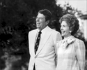 Photo of President Ronald Reagan and wife, Nancy, as they address guests at a private gathering in Hope Ranch, an exclusive enclave in Santa Barbara, California.
