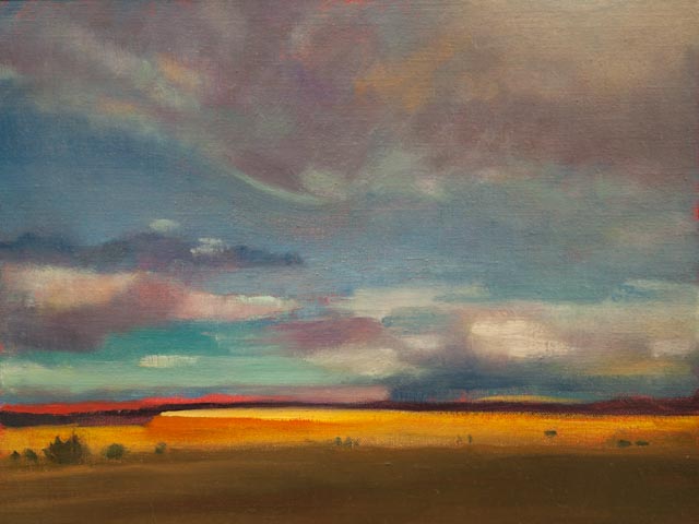 9x12{quote} oil© S'zanne ReynoldsThe dramatic skies and falling sunlight over the painted desert of Arizona on the way to the Grand Canyon.