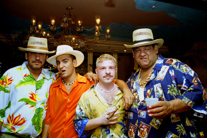 American gypsy groom and his best men at a Hawiian themed wedding party in Queens, NY.