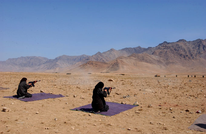 Afghan National Police training women officers at a shooting range outside Kabul, Afghanistan