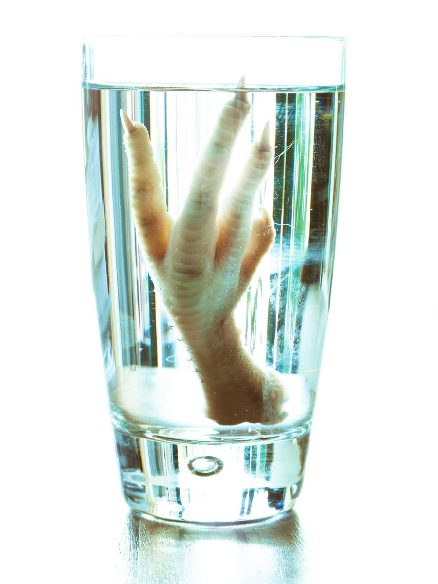 Chicken foot in glass of water