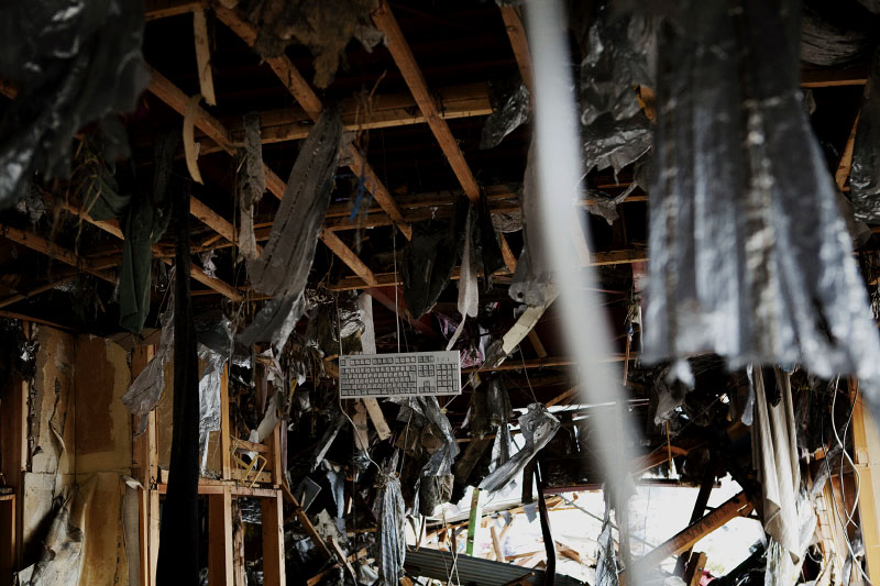 A keyboad hangs at a destroyed house in Otsuchi, Iwate.