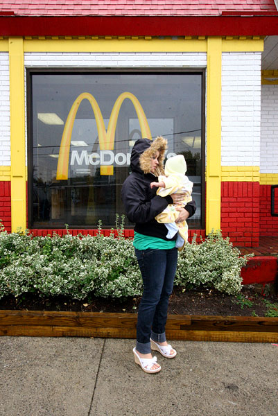 Kaila holds Xavier outside McDonald's where she and Xavier's mom, Alivia, worked during Aivia's pregnancy. Kaila was fired when she was unable to work her scheduled shift because Alivia went into labor prematurely.Alivia is one of the girls to receive media attention because of the rise in pregnancy rates among students at Gloucester High School in Massachusetts. 