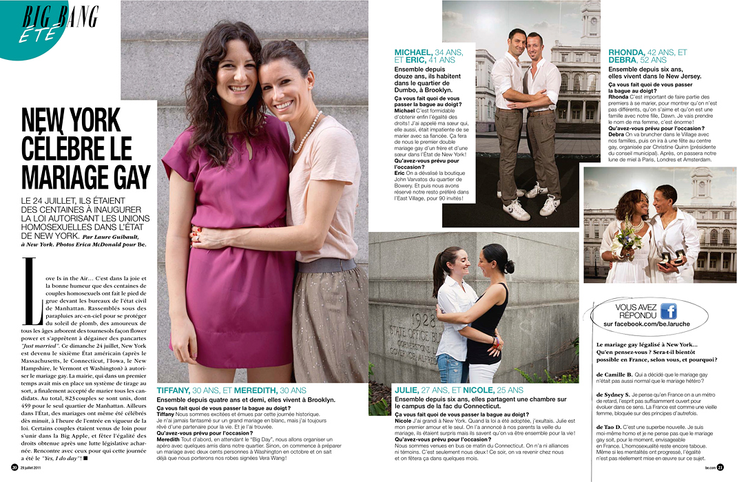 Feature on Same Sex Marriage in New York City for the French Women's Magazine BE. Taken on Sunday July24th, 2011 at the City Clerk's Office in Manhattan. Magazine Be Hachette Filipacchi Asssociés - Gay MarriagePhotos by Erica McDonald
