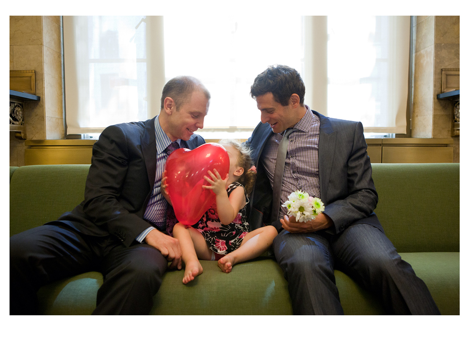 Peter Meyer and Darren Katz with their daughter inside Manhattan's City Clerk's Office before their service.Photo by Erica McDonaldSame-Sex Marriage in New York CitySunday, July 24, 2011