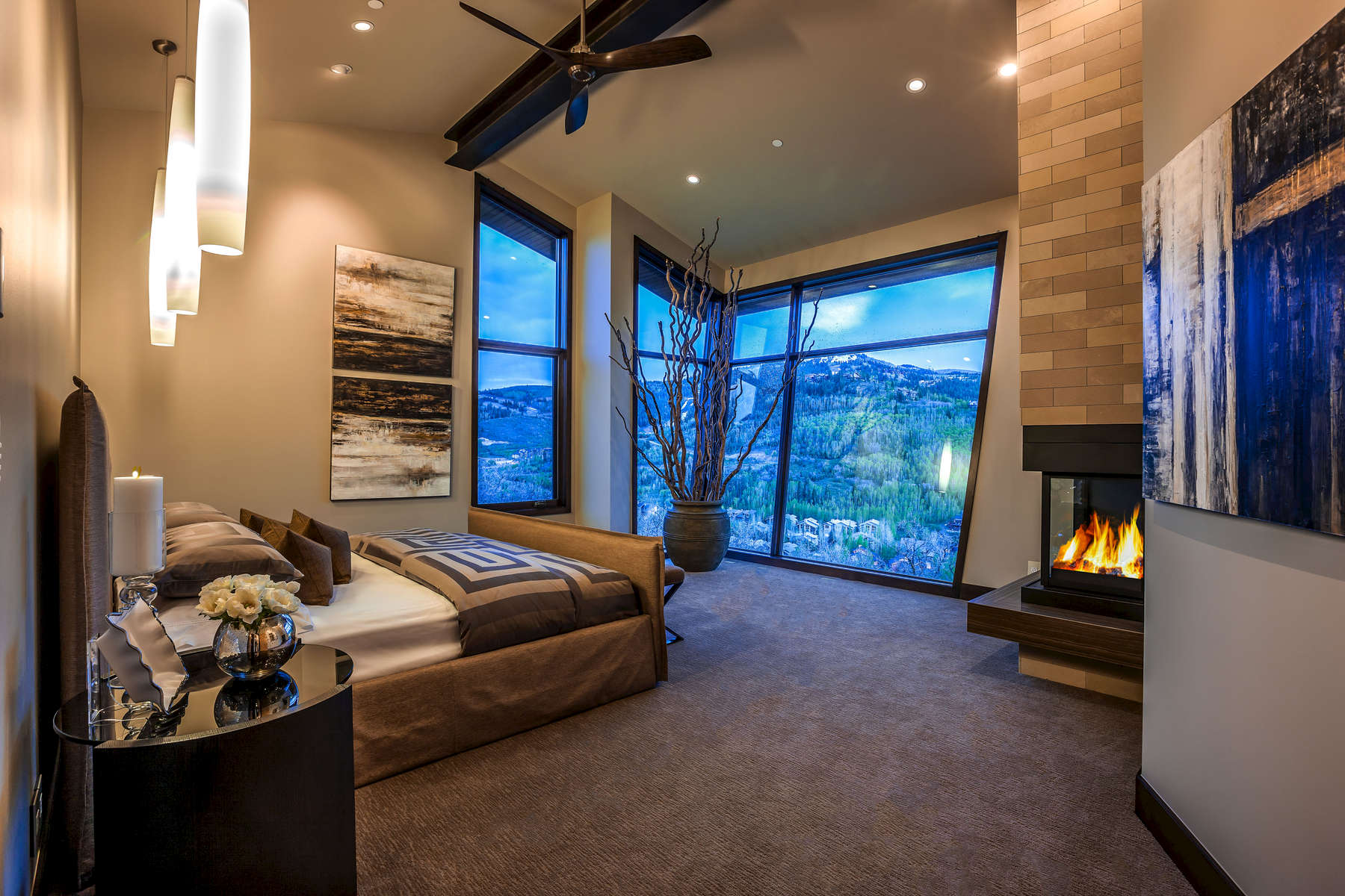 Interior bedroom with fireplace