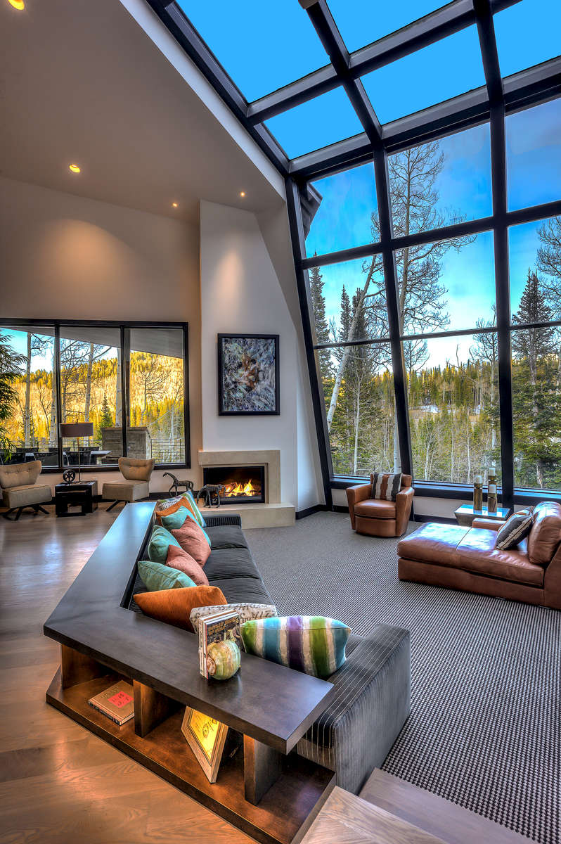Interior view of Family room with high ceilings. 