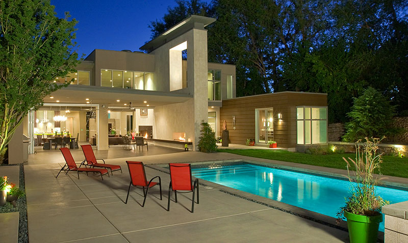 Exterior backyard pool and area with outdoor living space 