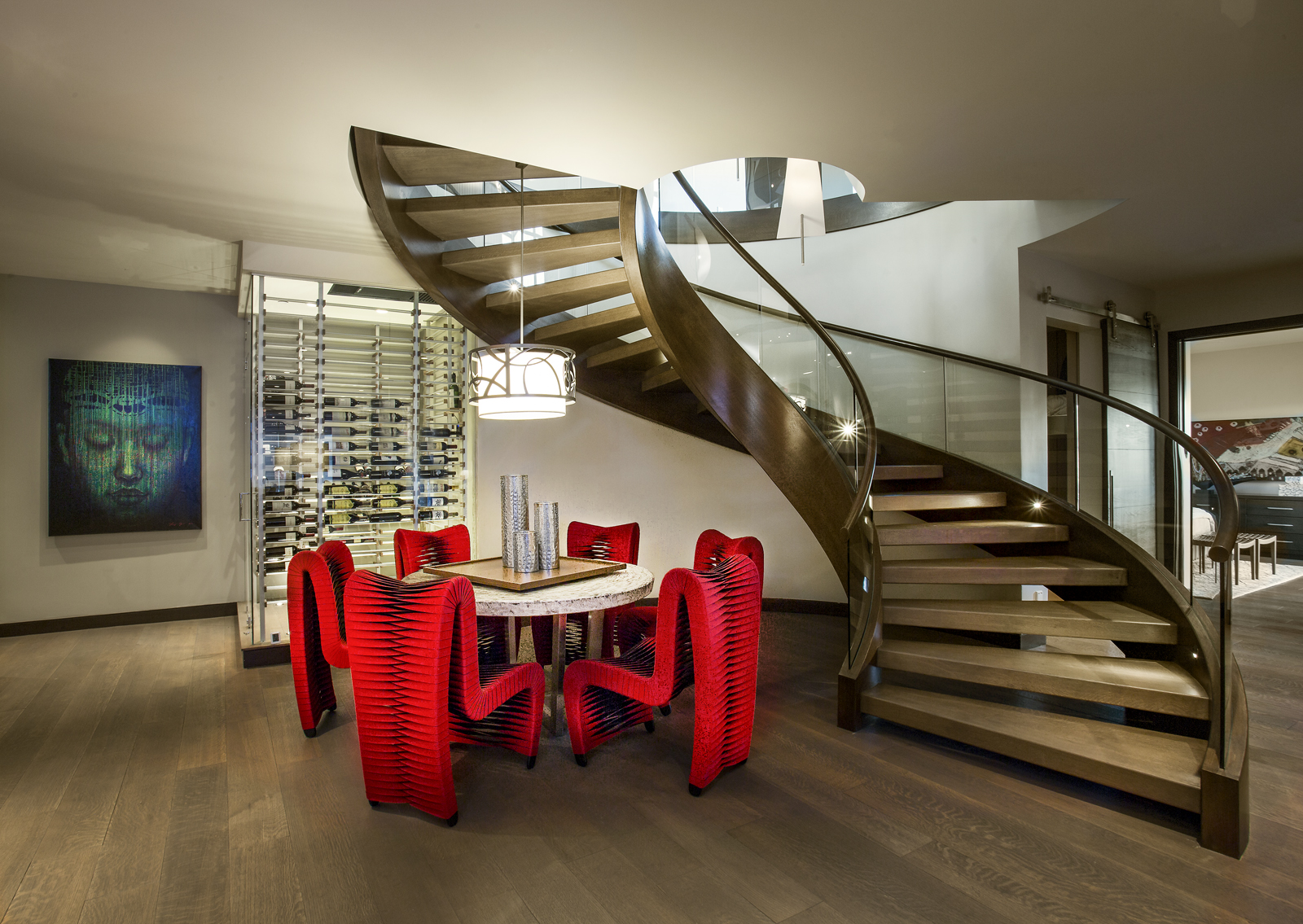 Interior wine rack, table and staircase