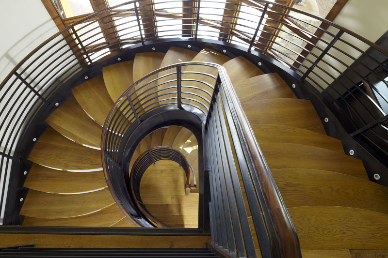 Interior top of wooden spiral stairwell 