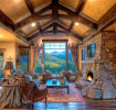 Interior upper level family room, fireplace, with deck leading to scenic view 