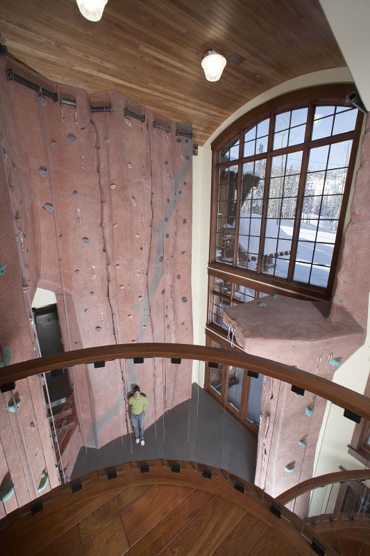 Interior upper level view of indoor climbing gym
