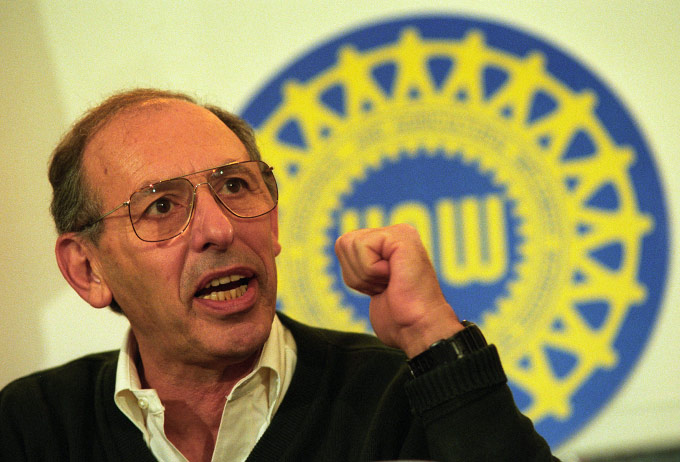 United Auto Workers union President Stephen P. Yokich gestures while talking with reporters Monday, Oct. 28, 1996 at the union's Detroit headquarters. Yokich said that the union had no immediate plans to strike and will return to bargaining with General Motors Corp. despite the failure of weekend talks on a national contract. (AP Photo by Richard Sheinwald)