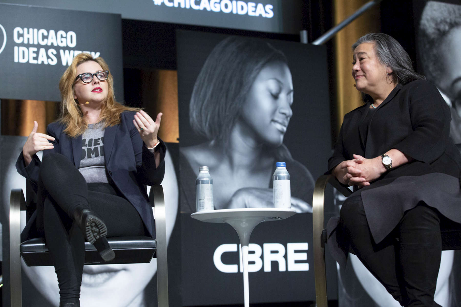 CHICAGO, IL - OCTOBER 16: Amber Tamblyn (left), Writer, Actress, & Director, and Tina Tchen, Leader of the Time’s Up Legal Defense Fund, speak during, “#TimesUp: What’s Next?” presented by CBRE. (Photo by Beth Rooney/Chicago Ideas Week)