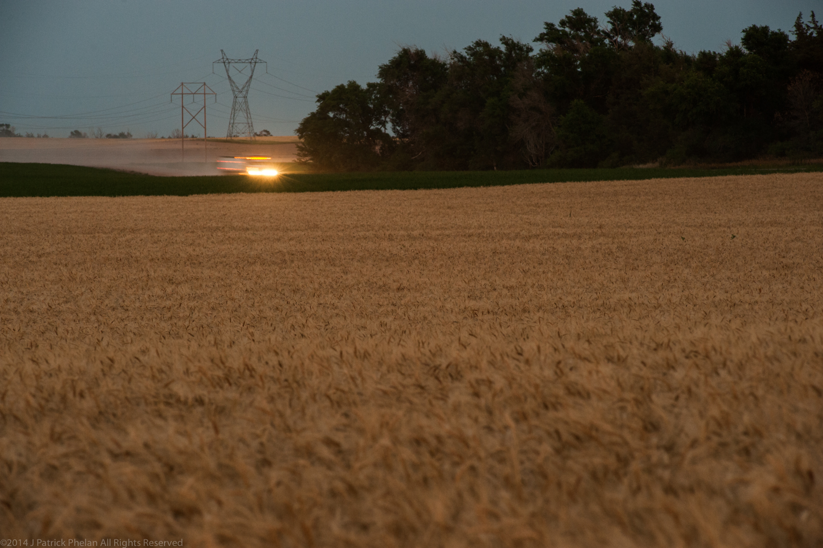 A horizontal image of a wheat field waiting to be harvested in the bottom 3/4s of the frame support a tree line and country road that is just out of site as a farm truck heads to the combines to pick up a fresh load of grain. The sky silhouettes two power line towers and lines that fill the top left corner of the frame with a muted blue evening sky.
