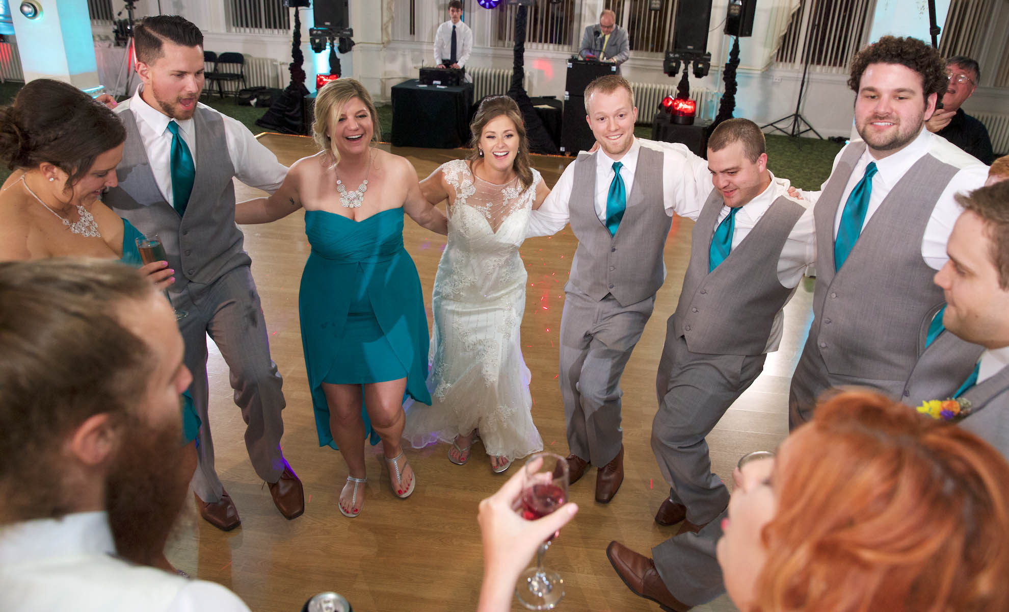 Alissa & Ben start the dancing with their wedding party (DJ is Music Source Professional Disc Jockey Service). Wedding pictures by Tiffany & Steve of Warmowski Photography.