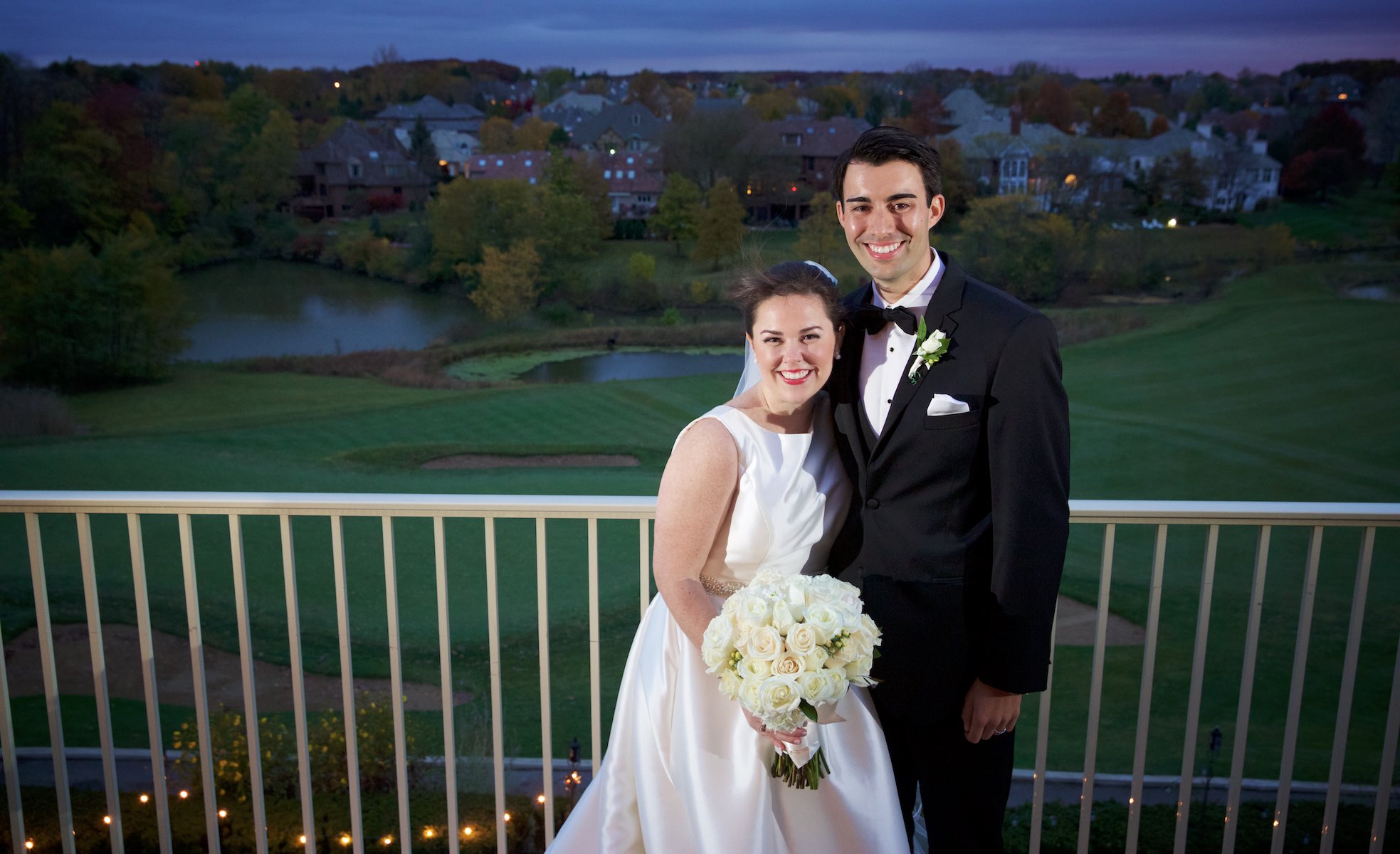 Outdoor portrait showing the view at dusk at Crystal Tree Country Club, Orland Park. Wedding photography by Steve & Tiffany Warmowski