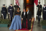 President Francois Hollande of France is greeted by First Lady Michelle Obama and President Barack Obama as he arrives at the North Portico for a State Dinner at the White House in Washington, D.C., on Tuesday, February 11, 2014.© 2014 Nikki Kahn/The Washington Post ALL RIGHTS RESERVED