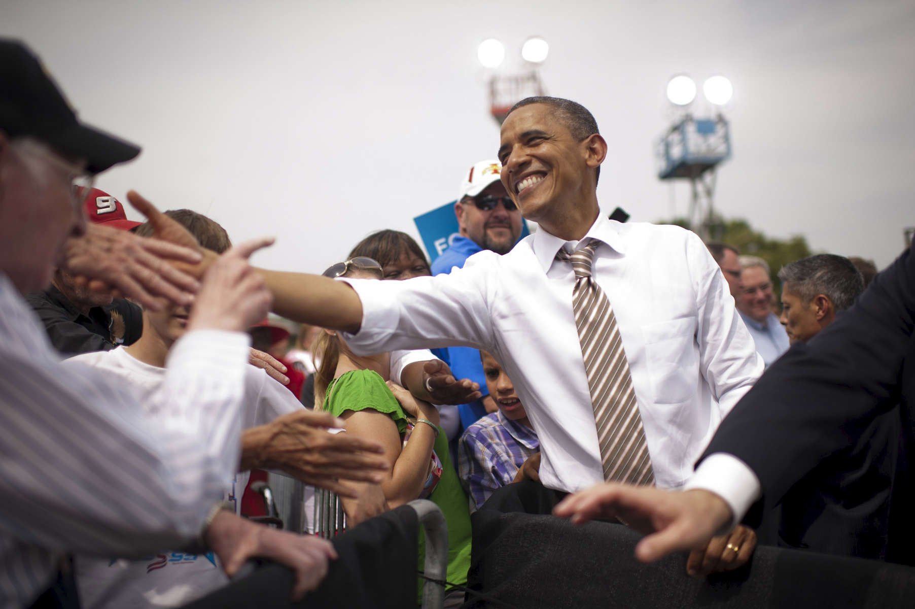 September 1st, 2012 - Urbandale, IA: President Barack Obama shakes hands after a campaign event at the Living History Farms in Urbandale, IA.  (Scout Tufankjian for Obama for America/Polaris)