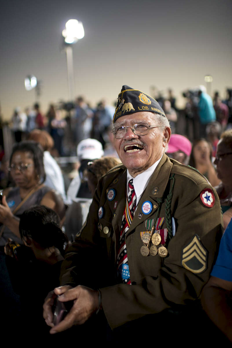 September 30, 2012 - Las Vegas, NV- A veteran cheers as President Barack Obama speaks at a campaign event in Las Vegas, NV. (Scout Tufankjian for Obama for America/Polaris)