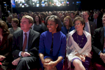 October 3, 2012 - Denver, CO:  First Lady Michelle Obama sits with Senator Michael Bennett and advisor Valerie Jarrett at the start of the first debate between President Barack Obama and former Governor Mitt Romney. (Scout Tufankjian for Obama for America/Polaris)