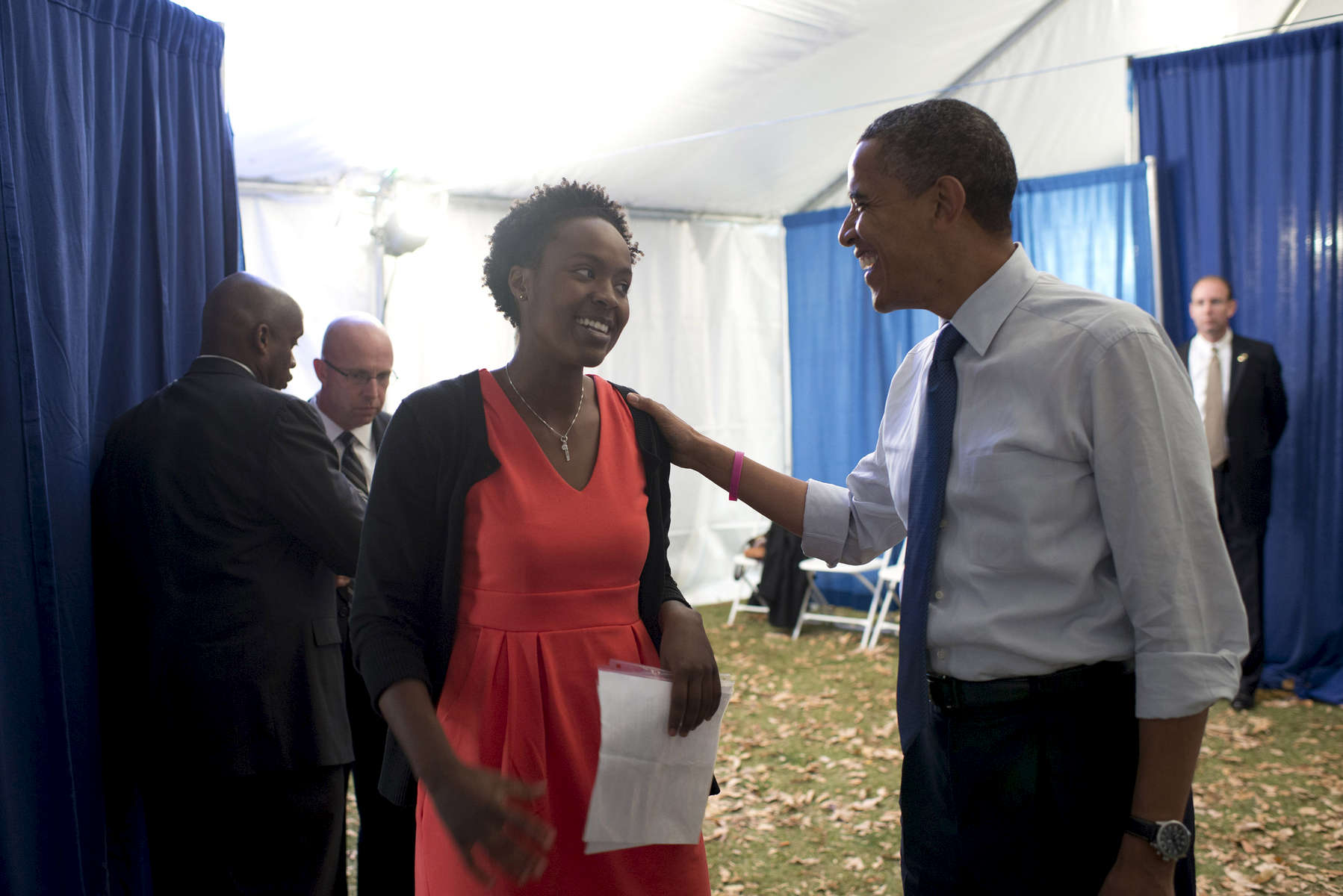 October 24, 2012-  Denver, CO: President Barack Obama chats backstage with Sidra Bonner, a former star student-athlete at Cornell and current Denver-area community health care working, before she introduces him at a rally in Denver, his second stop on a 48 hour swing of straight events. (Scout Tufankjian for Obama for America/Polaris)