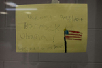 October 27, 2012 - Nashua, NH:  Logan Crawford, a student at Elm Street Middle School in Nashua, NH, wrote a sign for President Obama reading {quote}Welcome President Barrack (sic) Obama!{quote} (Scout Tufankjian for Obama for America/Polaris)