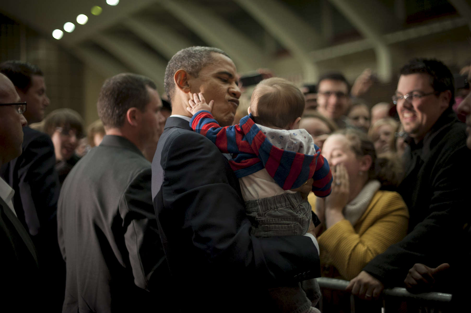 November 4, 2012 - Cincinnati, OH: President Barack Obama makes a face at a baby after speaking to an overflow crowd in Cincinnati.  (Scout Tufankjian for Obama for America/Polaris)