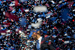 November 7, 2012: Chicago, IL:  President Barack Obama smiles as confetti flies in the air at a victory rally at Chicago's McCormick Place on Election Night. (Scout Tufankjian for Obama for America/Polaris)