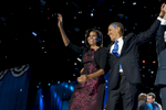 November 7, 2012: Chicago, IL:  President Barack Obama and First Lady Michelle Obama wave to the crowd at a victory rally at Chicago's McCormick Place on Election Night. (Scout Tufankjian for Obama for America/Polaris)